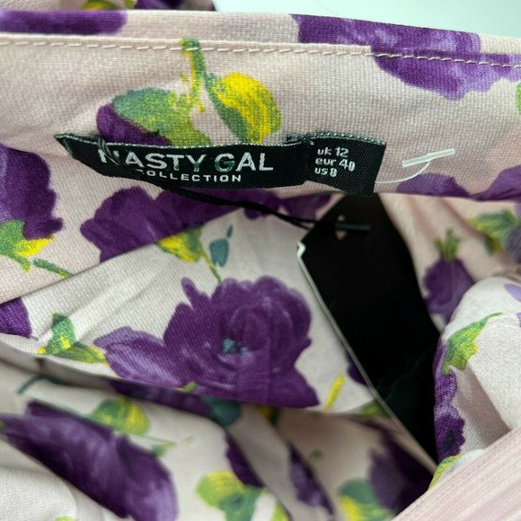 Nasty Gal Dress Purple Floral Print Balloon Sleeve Ruched Mini NWT - Picture 5 of 12